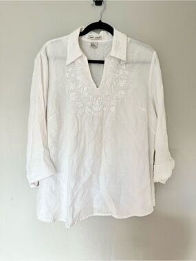 Edward Woman 100% Linen Top White Embroidered 3/4 Sleeve Size 1X Coastal Summer